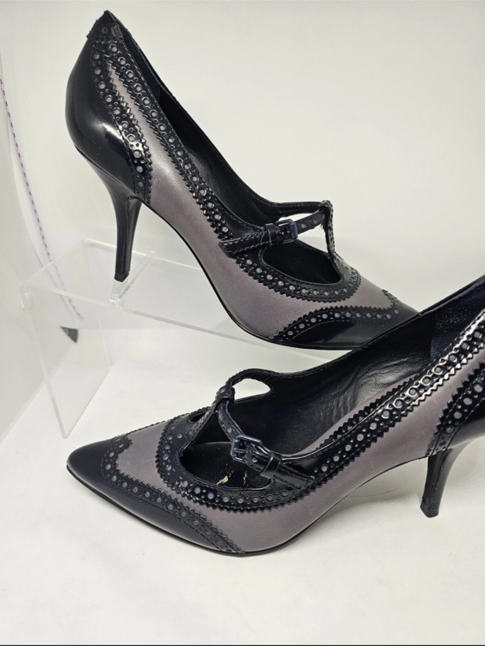Tory Burch Black and Gray Pointed-Toe Mary Jane Heels